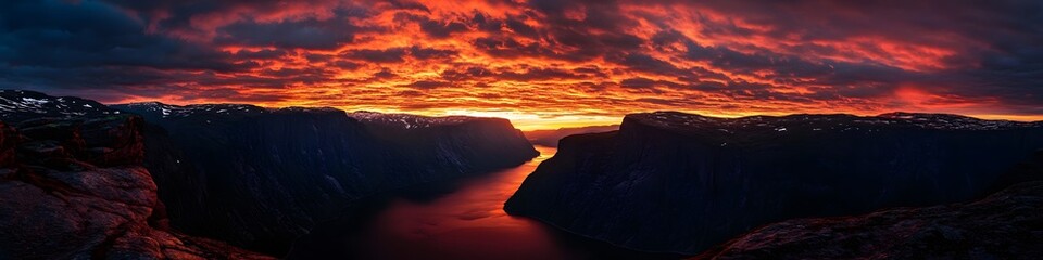 Fototapeta premium Wide-angle shot of Trolltunga silhouetted against a fiery red and orange sunset. with dramatic clouds enhancing the scene. in 4K resolution