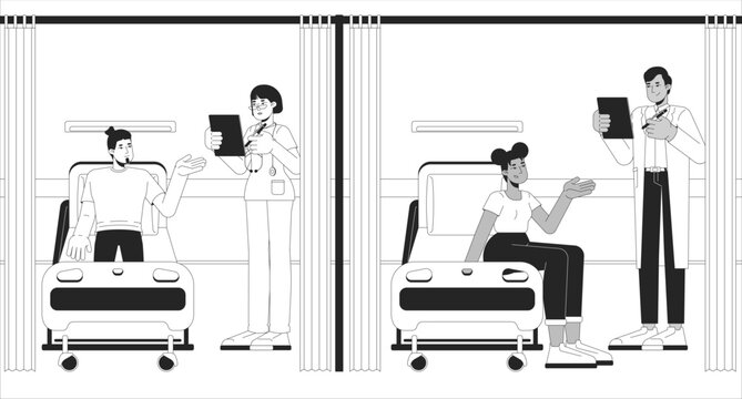 hospital scene: patients, doctors, black and white clip art preview
