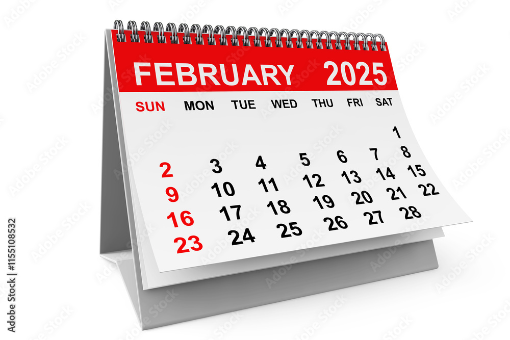 Aufkleber 2025 year february calendar. 3d rendering