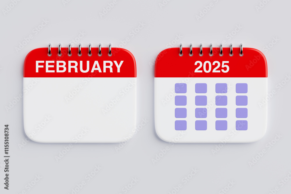Poster 2025 year february month calendar icon. 3d rendering