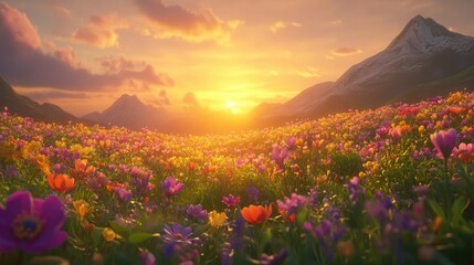 Vibrant wildflowers bloom at sunset in a mountain valley