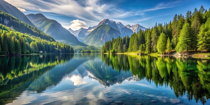 Serene lake Millstatt reflected in a forest of tall trees and surrounded by mountains in the Dolomites, mountains, lake