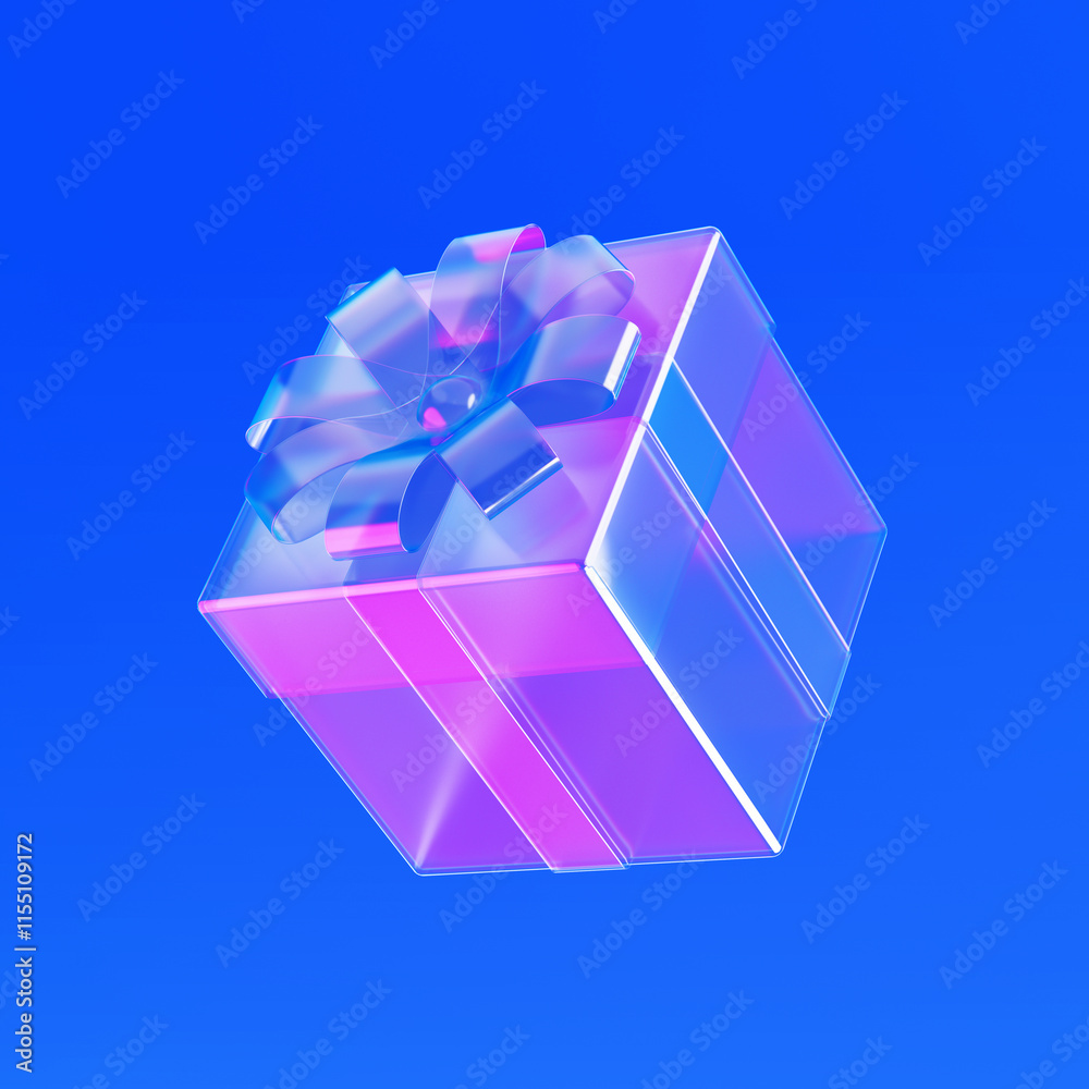 Poster transparent glass gift box with ribbon, bow and iridescent highlights sits. 3d rendering
