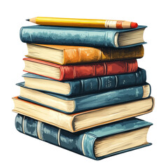 Stack of Books with Pencil, minimal design, white backdrop, ideal for educational themes, book-related projects, and creative presentations
