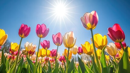 Colorful Tulips Blooming Under Bright Sunshine