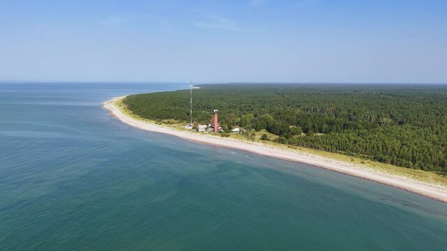 Wide open aerial landscape of Latvian coastline, natural environment, Baltic sea blue ocean , skyline horizon