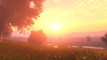 Naklejka premium Golden Sunset Over a Peaceful Pastoral Field with Cows