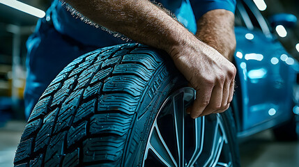 Fototapeta premium Close-Up View of Hands Changing a Tire in a Vehicle Workshop