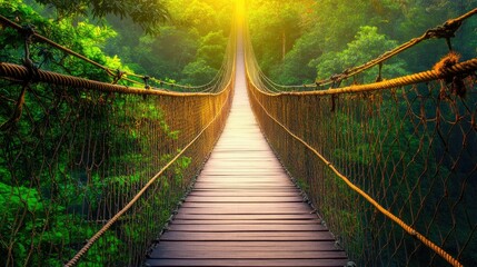 Wooden Suspension Bridge Through Lush Green Jungle Canopy