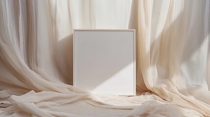 White Frame Mockup Against Sheer Beige Curtains