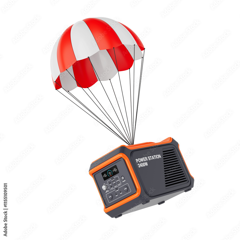 Aufkleber High Capacity Portable Power Generator Station Descends Down by Parachute. 3d Rendering