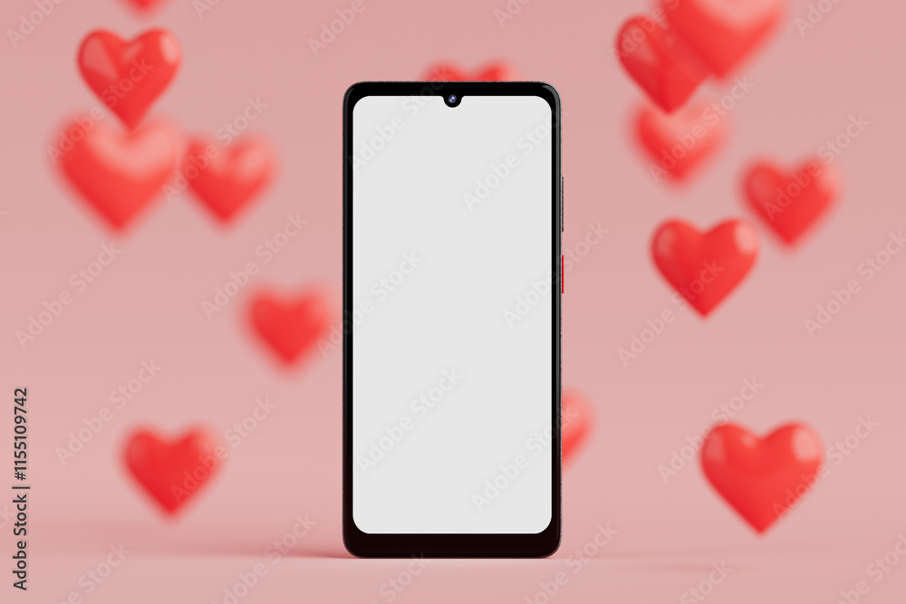 Fototapete Modern Mobile Phone Smartphone with Blank Screen For Your Design on a pink background with many red hearts. 3d Rendering