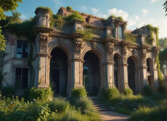 Fototapeta premium Ruined chateau facade with overgrown gardens and vines, wildflowers blooming, old fortification