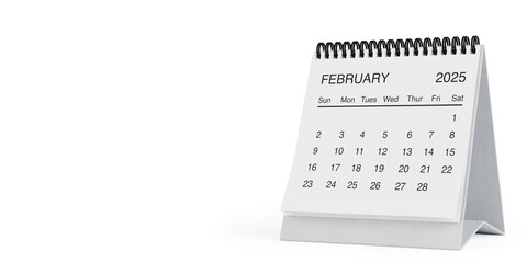White Desk Monthly February 2025 Business Calendar. 3d Rendering