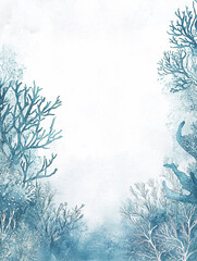 Watercolor coral reef invitation , an underwater scene with corals and sea plants in shades of blue background