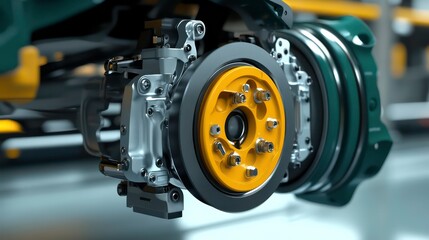 Close-up of a car's disc brake system, showcasing its intricate components and mechanisms.