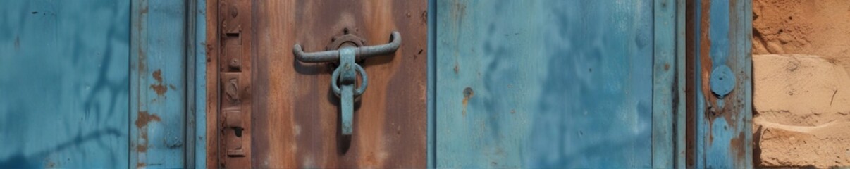 Obraz premium Rusted blue metal door with distressed finish and worn-out handle , worn-out, finish, handle