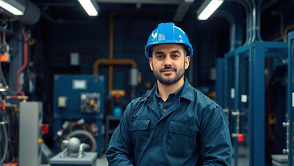 Electric Engineer Portrait Wearing Safety Helmet and Blue Safety Clothes