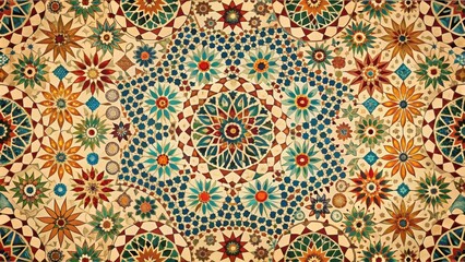 Classic Moroccan tile design with intricate geometric patterns and floral motifs on a warm beige background, bohemian style, vintage vibe