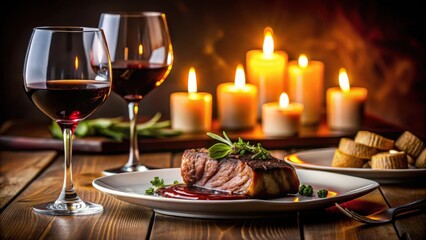 Elegant dinner setup for two on a formal table with a grilled steak and a glass of red wine, illuminated by soft candlelight, Steak dinner, Formal table setting