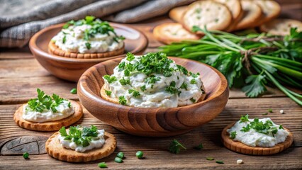 Fresh cream cheese spread on crackers surrounded by a mix of chopped fresh herbs like parsley chives dill and basil in a rustic wooden bowl, tableware, herbs