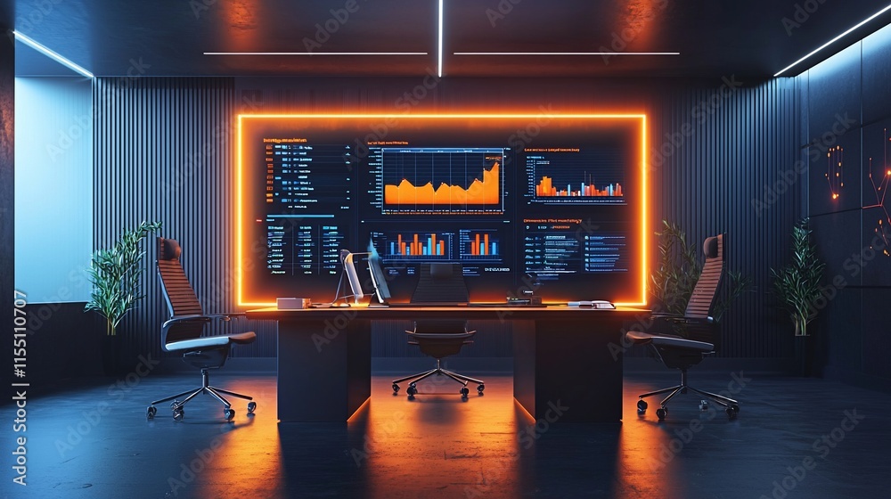 Poster Modern office with large screen displaying data analytics.