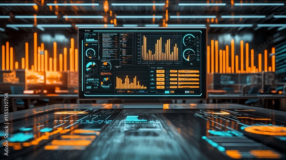 Aufkleber Futuristic data center with monitor displaying charts and graphs.