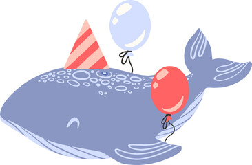 Hand drawn vector blue whale with balloon. Design for birthday postcard. © Aleksandra Baianova