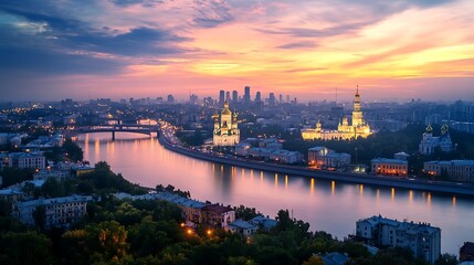 Obraz premium Moscow Cityscape Sunset River