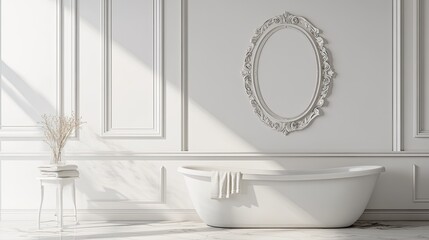 Elegant White Bathroom With Freestanding Tub And Ornate Mirror