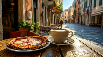 Fototapeta premium Italy vacations. Slices of pizza and a cup of espresso coffee with a picturesque Italian street in the backdrop.