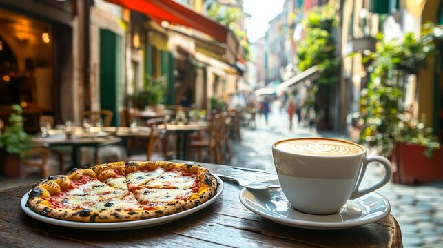 Fototapeta Italy vacations. Slices of pizza and a cup of espresso coffee with a picturesque Italian street in the backdrop.