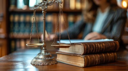 Law theme, mallet of the judge, books and scales of justice