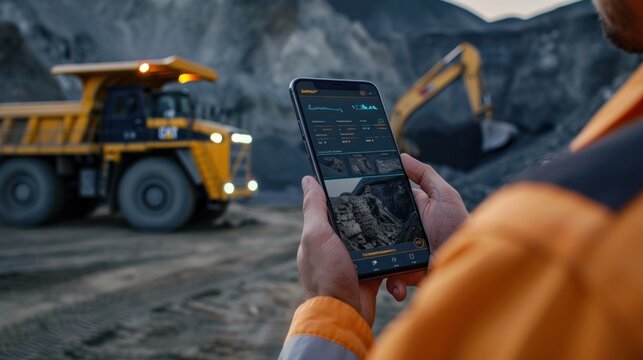 Mining industry. A man with a mobile phone in his hand controls the work of the excavator.