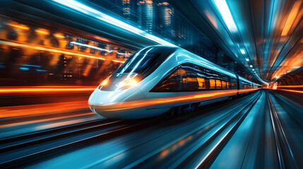 Fototapeta premium A future train speeding through a hyper-modern cityscape with glowing infrastructure and advanced bridges 