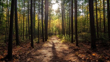 Fototapeta premium Forest path in autumn sunlight