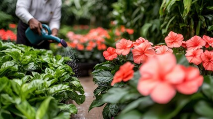 As you sow, So You reap Concept, Person Watering Lush Green Plants and Blooming Flowers in Vibrant Garden Setting