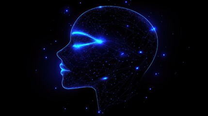 Artificial Intelligence dark blue background with digital and futuristic elements, surrounded by binary code stars representing data connections and technology