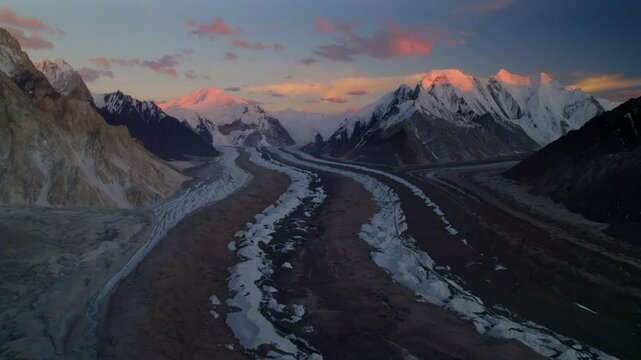 Aerial landscape of Karakoram mountains at sunset, Concordia camp, K2 trekking route in Pakistan