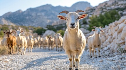 Obraz premium Herd of goats on a mountain path.