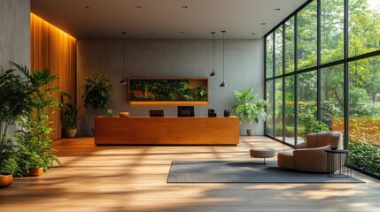 Fototapeta premium Modern reception area with greenery and natural light.