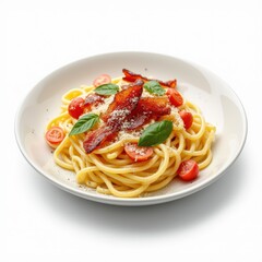 A plate of spaghetti topped with bacon, cherry tomatoes, and basil.