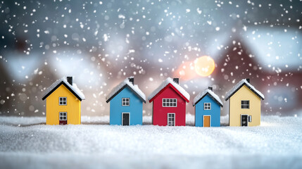 Colorful snow-covered houses set against a wintery background with falling snowflakes.