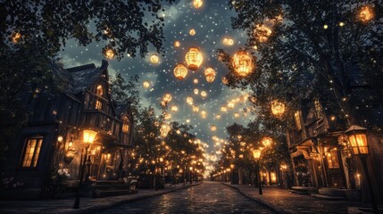 Enchanting Night Street Scene With Floating Lanterns