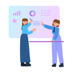 team presentation with data charts and collaboration flat vector illustration