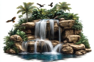 Tropical Waterfall Oasis with Birds in Flight