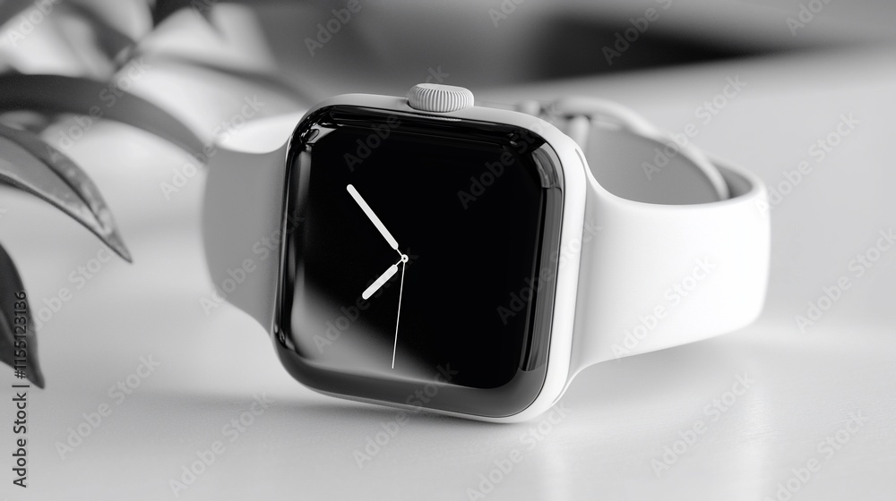 Poster sleek white smartwatch with minimalist design.