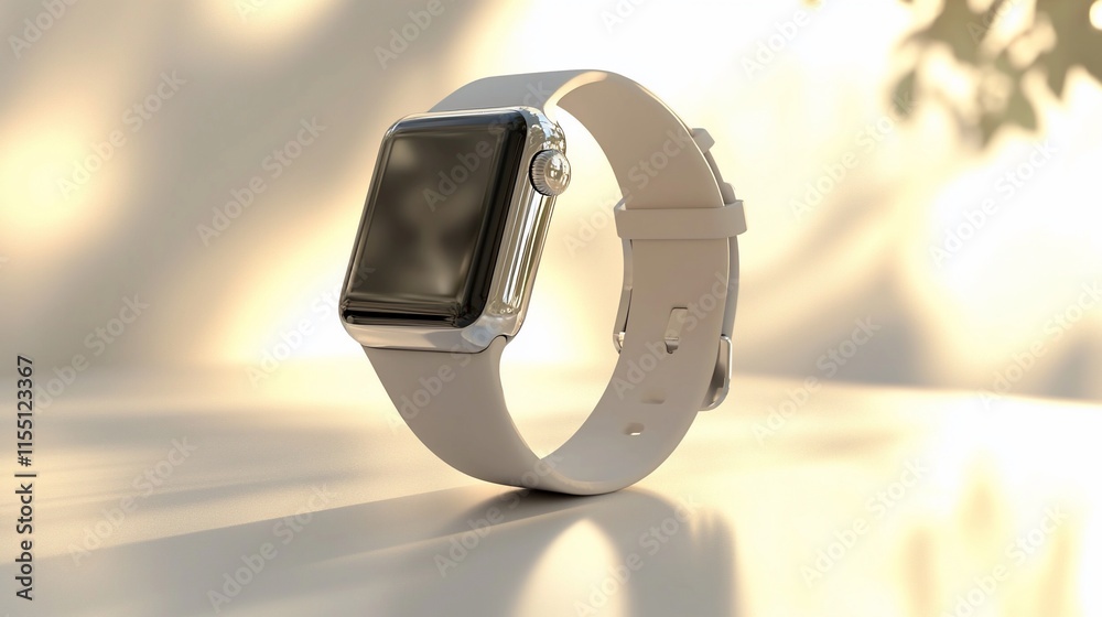 Poster smartwatch with white band on reflective surface.