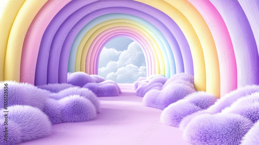 Wall mural Whimsical rainbow pathway fantasy realm digital artwork soft clouds vibrant colors