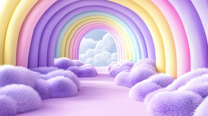 Whimsical rainbow pathway fantasy realm digital artwork soft clouds vibrant colors